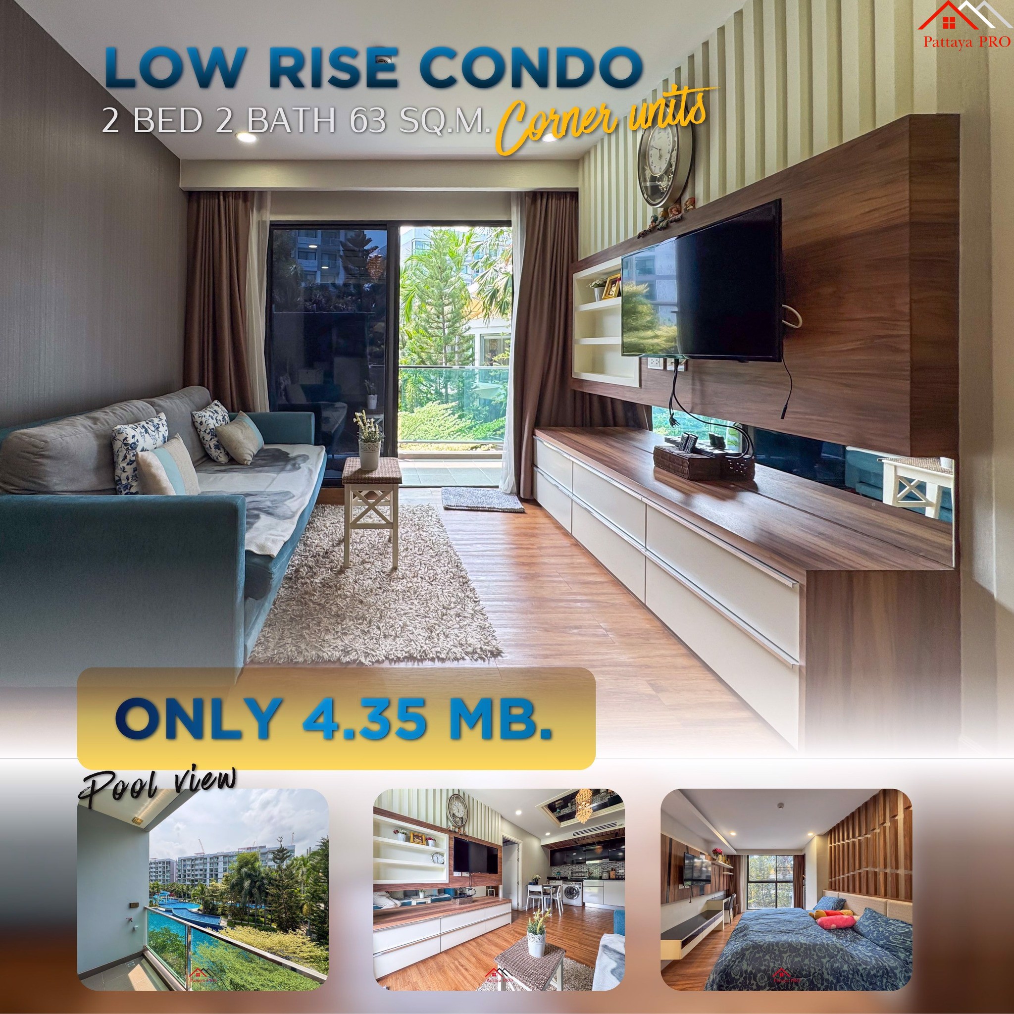 คอนโดสวนน้ำใจกลางจอมเทียน  2 ห้องนอน 2 ห้องน้ำ 63 ตร.ม. วิวสระว่ายน้ำ เพียง 4.35 ล้าน