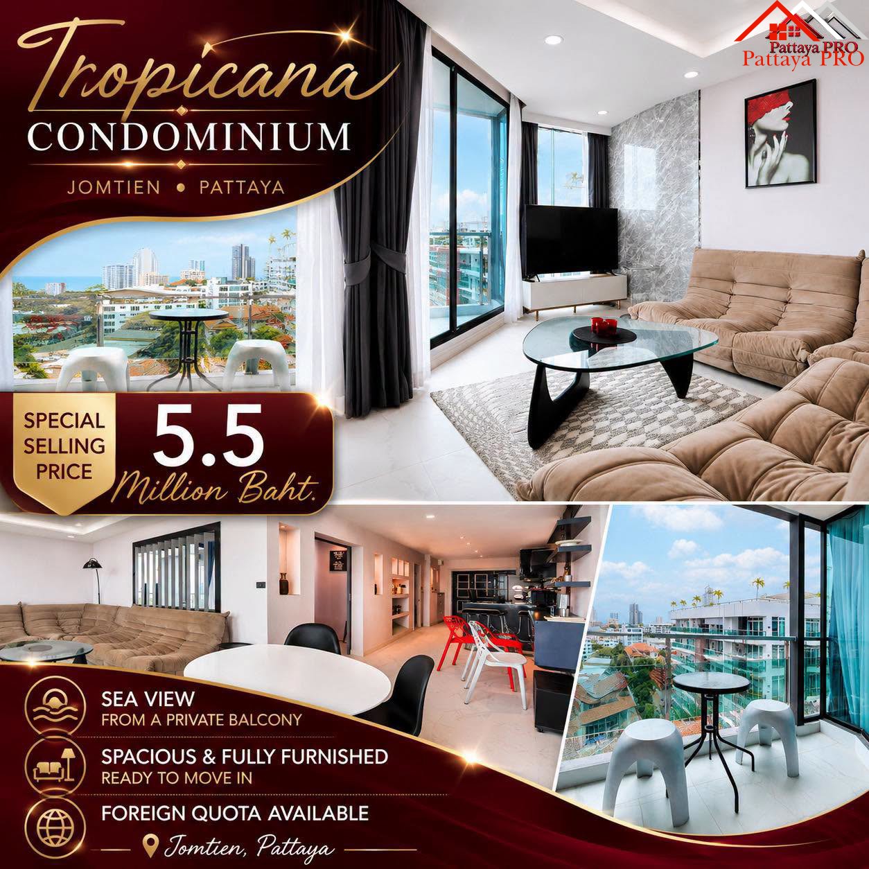 🏡 Tropicana Condominium, Pratumnak Hill, Pattaya ✅Price 5.5 million baht.