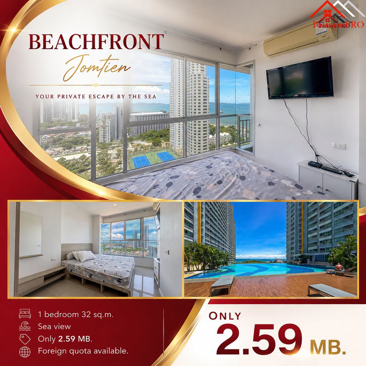 🏖️Beachfront condo in Jomtien, 1 bedroom, 32 sq.m., 15th floor+, sea view, only 2.59 MB.‼️😍