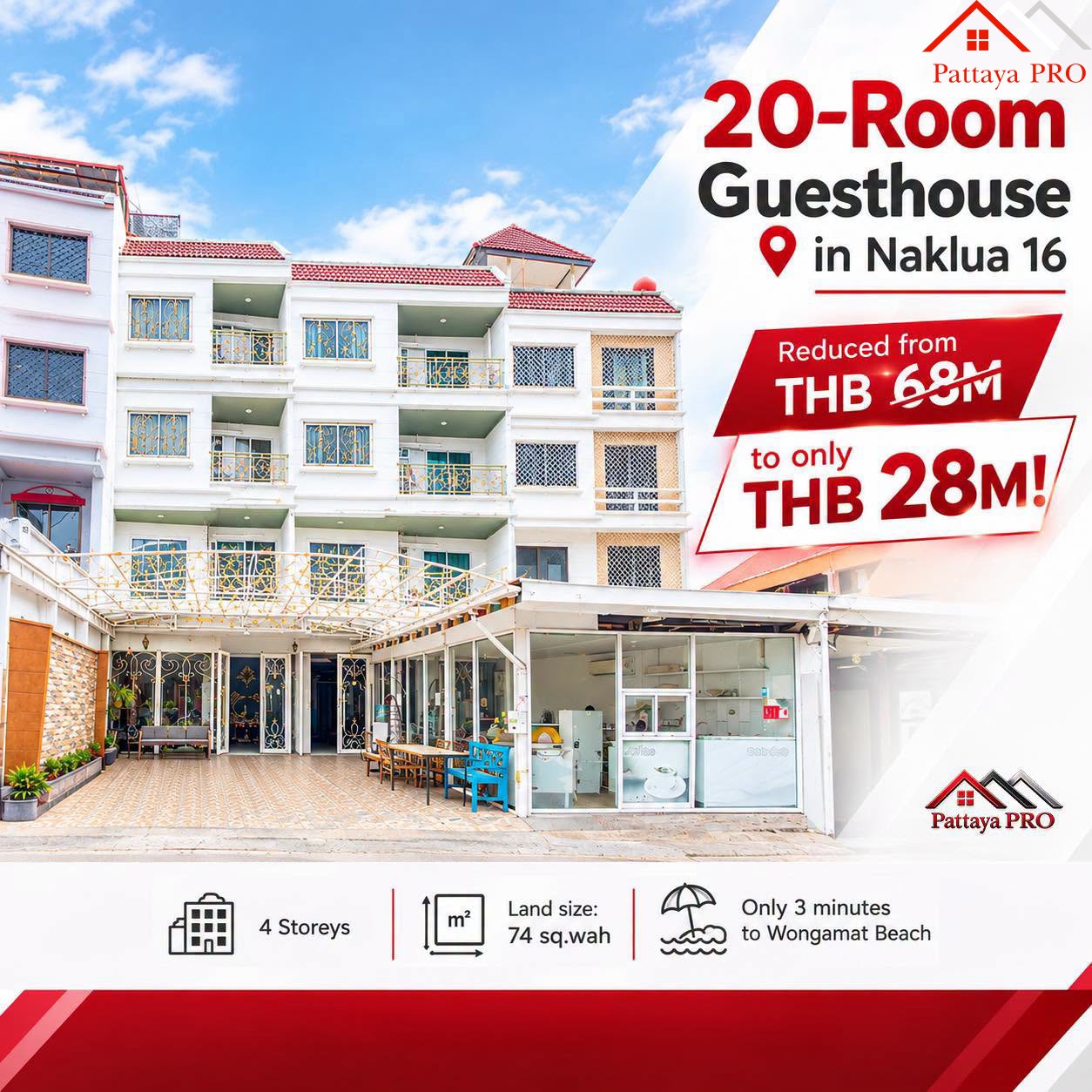 🔥 20-Room Guesthouse in Naklua 16. Reduced from THB 68MB to only THB 28MB!